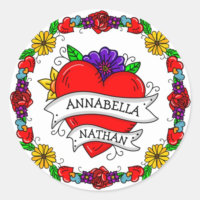 Romantic Couple's Gift | Tattoo Style Art   Classic Round Sticker (Front)