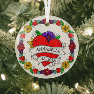 Romantic Couple's Gift   Tattoo Style Art   Glass Tree Decoration