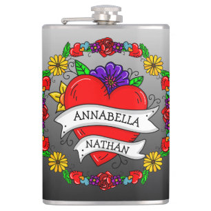 Romantic Couple's Gift Tattoo Style Art Hip Flask