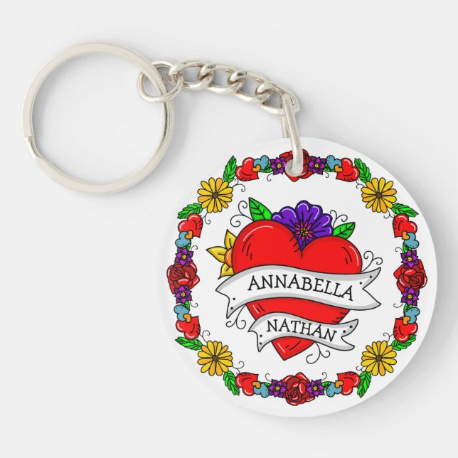 Romantic Couple's Gift | Tattoo Style Art     Key Ring (Front)