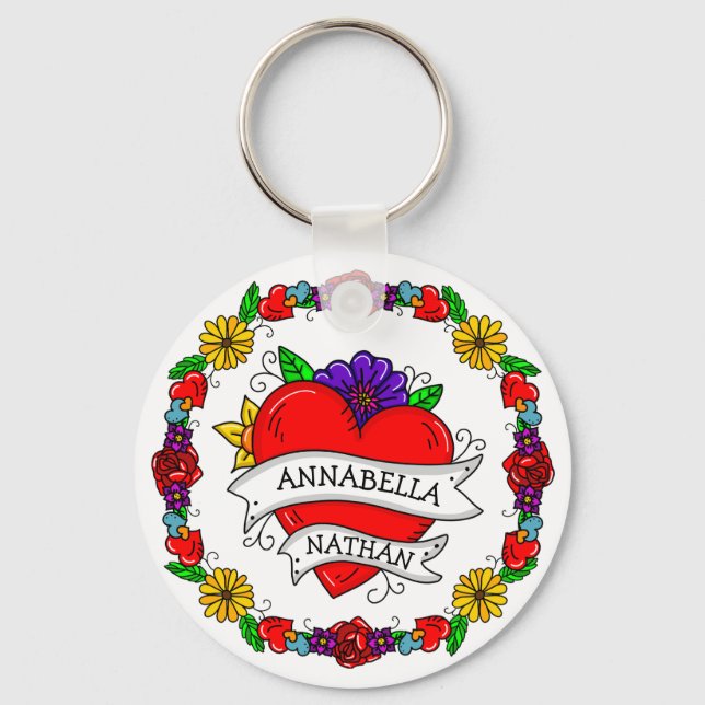 Romantic Couple's Gift | Tattoo Style Art   Key Ring (Front)