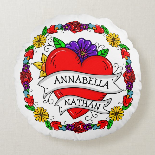 Romantic Couple's Gift | Tattoo Style Art   Round Cushion (Front)