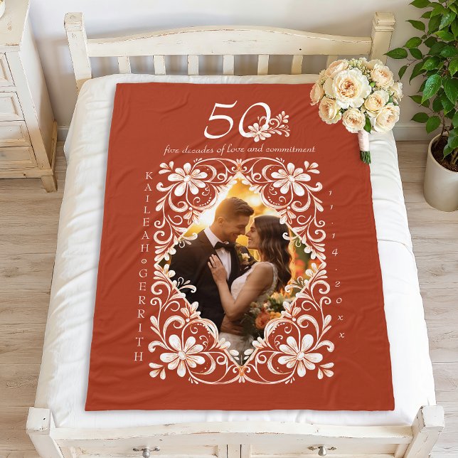 Romantic Couples Photo Red Rust 50 Anniversary Fleece Blanket (Creator Uploaded)