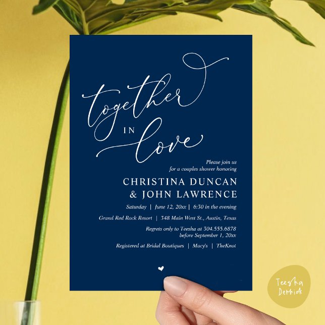 Romantic Couples Shower Party, Together In Love Invitation (Together in Love, Romantic Couples Shower Party Invitation Card PDF modern minimalist Navy Blue)
