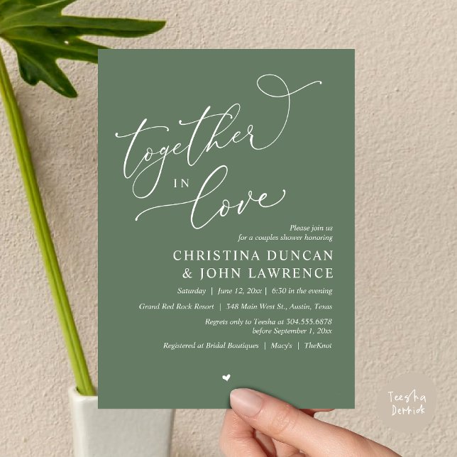 Romantic Couples Shower Party, Together In Love Invitation (Together in Love, Romantic Couples Shower Party Invitation Card PDF modern minimalist Sage Green)