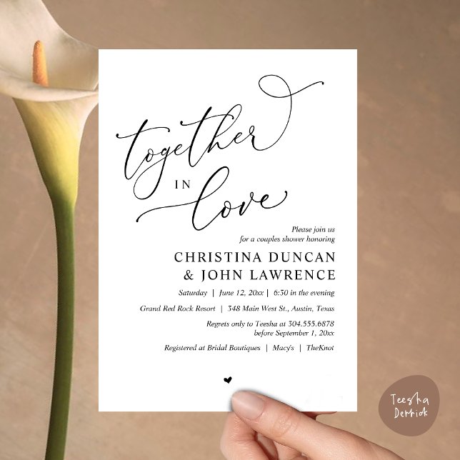 Romantic Couples Shower Party, Together In Love Invitation (Together in Love, Romantic Couples Shower Party Invitation Card PDF modern minimalist Black White)
