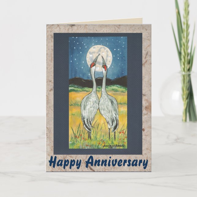 Romantic Cranes Moon Personalized Anniversary Card (Front)