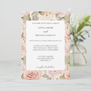Romantic Cream Blush Pink Rose Floral Wedding Invitation