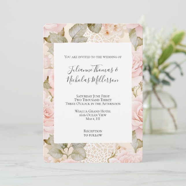 Romantic Cream Blush Pink Roses Floral Wedding Invitation (Standing Front)