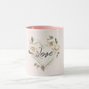 Romantic Cream Blush Roses Feathers Floral Heart Mug