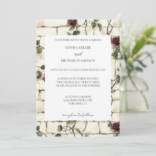 Romantic Cream Bricks Red Roses Floral Wedding Invitation
