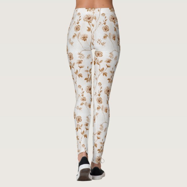 Romantic Cream Brown Floral  Leggings (Back)
