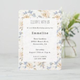 Romantic Cream Floral Blue Leaves Birthday Invitation