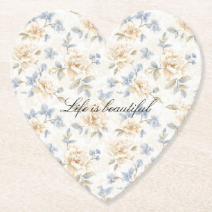 Romantic Cream Floral Blue Leaves Paper Coaster