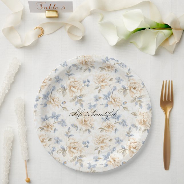 Romantic Cream Floral Blue Leaves Wedding Paper Plate (Wedding)