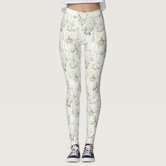 Romantic Cream Floral Stripes Leggings (Front)