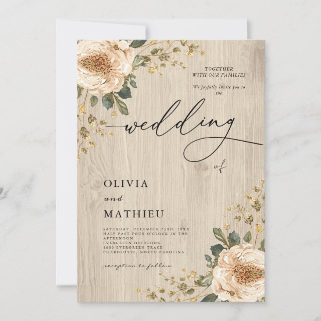Romantic Cream Floral Wood Wedding Invitation (Front)