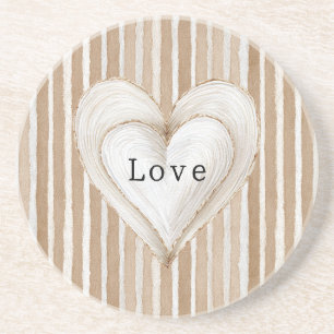 Romantic Cream Heart Brown Stripes Love Coaster