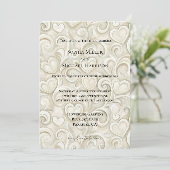 Romantic Cream Hearts Swirls Wedding Invitation (Standing Front)