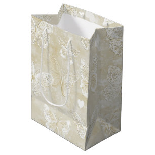 Romantic Cream Ivory Butterflies Hearts Wedding Medium Gift Bag