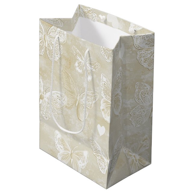 Romantic Cream Ivory Butterflies Hearts Wedding  Medium Gift Bag (Front Angled)