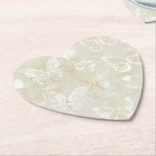 Romantic Cream Ivory Butterflies Hearts Wedding Paper Coaster