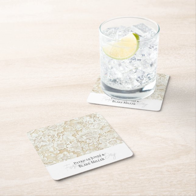 Romantic Cream Ivory Floral Wedding Square Paper Coaster (Insitu)