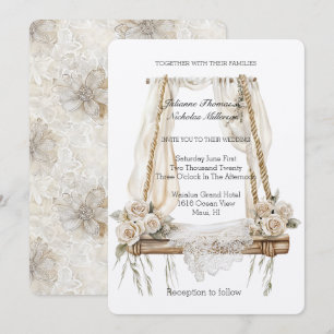 Romantic Cream Lace Rose Floral Swing Wedding  Invitation