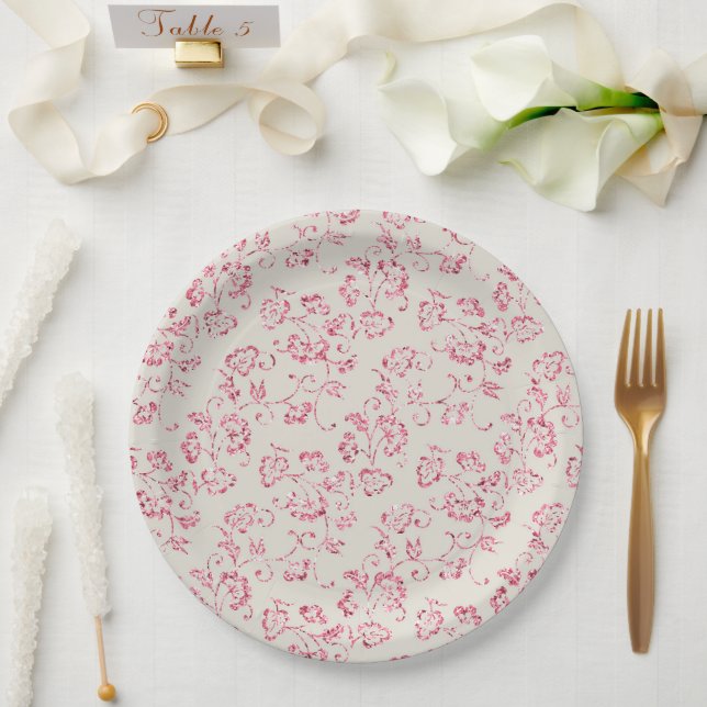Romantic Cream Pink Glitter Floral Wedding Paper Plate (Wedding)