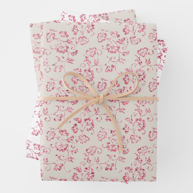 Romantic Cream Pink Glitter Floral Wedding Wrapping Paper Sheet (In situ)