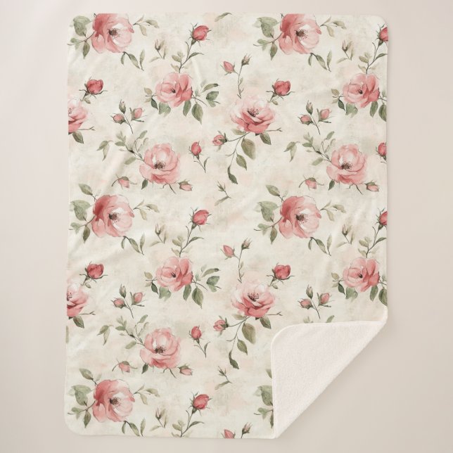 Romantic Cream Pink Roses Floral  Sherpa Blanket (Front)