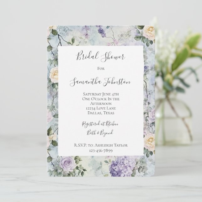 Romantic Cream purple flowers Bridal Shower Invitation (Standing Front)