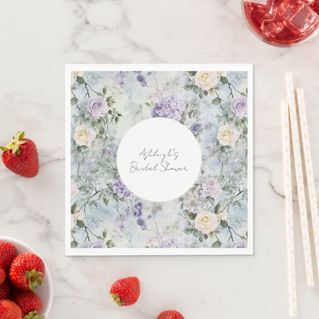 Romantic Cream purple flowers Bridal Shower Napkin (Insitu)