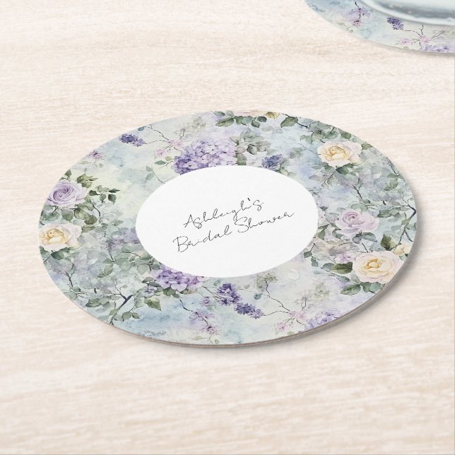 Romantic Cream purple flowers Bridal Shower Round Paper Coaster (Angled)