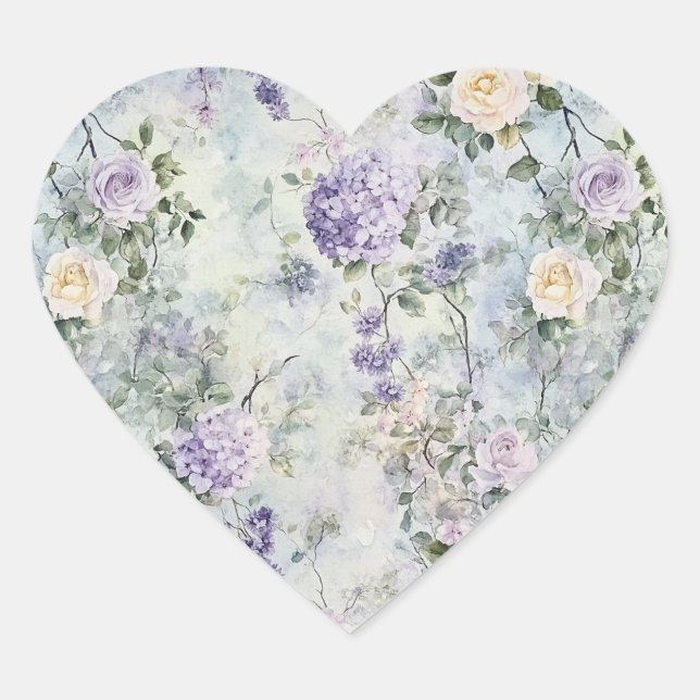 Romantic Cream Purple Flowers Wedding Heart Sticker (Front)