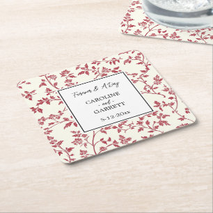 Romantic Cream Red Leaves Wedding Square Paper Coaster