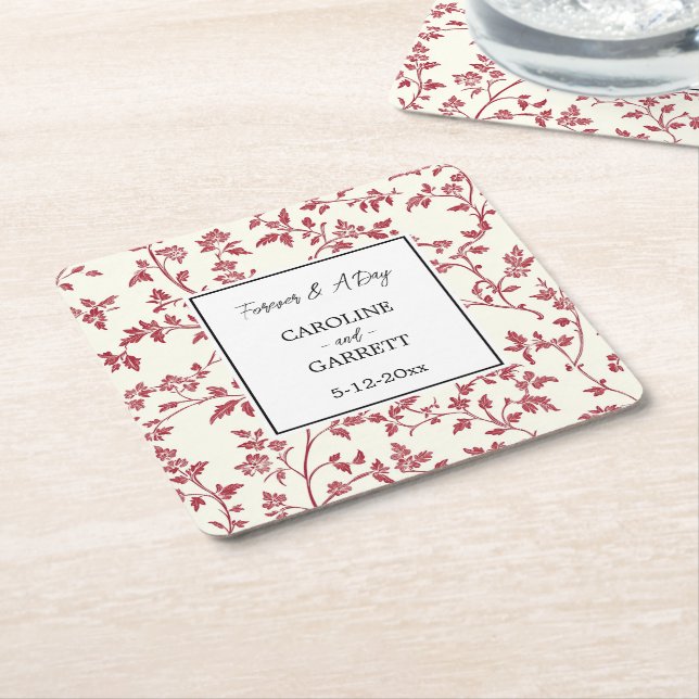 Romantic Cream Red Leaves Wedding Square Paper Coaster (Angled)