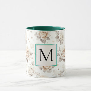 Romantic Cream Rose Floral Monogram Mug