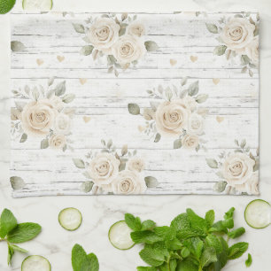 Romantic Cream White Floral Boho Bridal Shower  Tea Towel