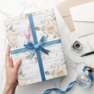Romantic Cream White Floral Boho Bridal Shower Wrapping Paper