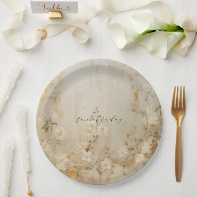 Romantic Cream White Gold Floral Wedding Paper Plate (Wedding)