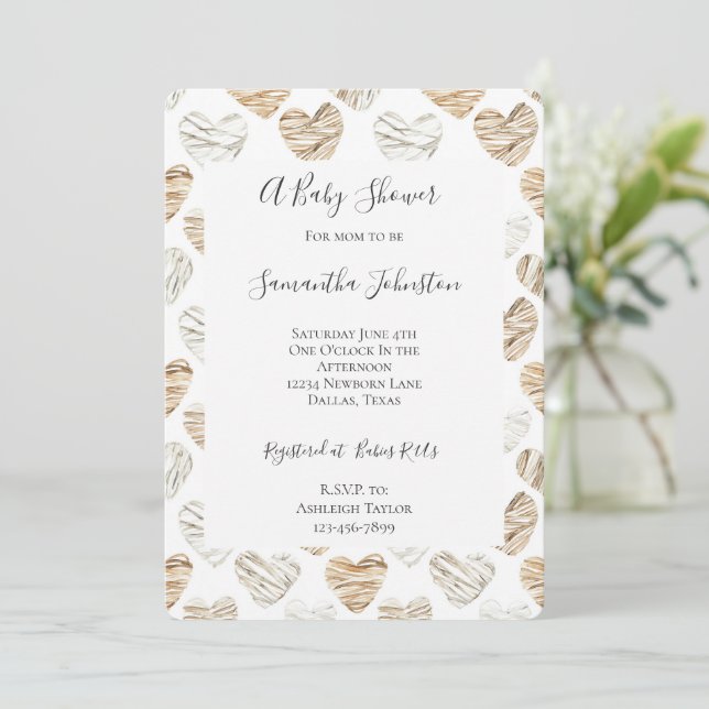 Romantic Cream White Hearts Baby Shower Invitation (Standing Front)