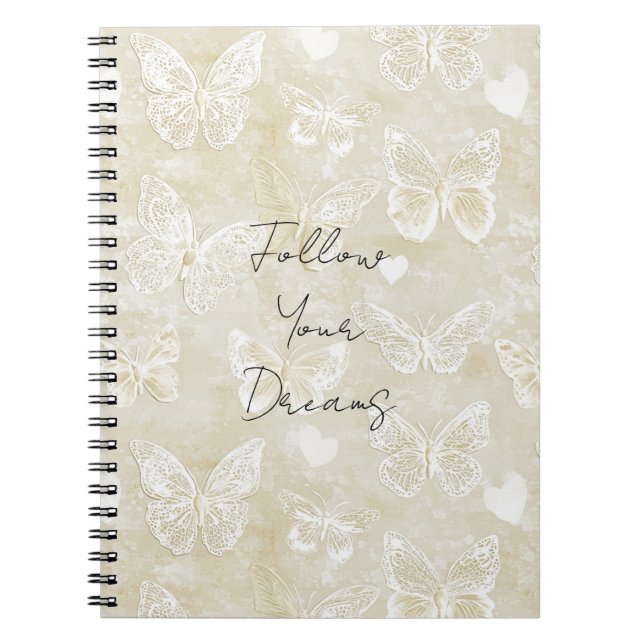 Romantic Cream White Hearts Butterflies Notebook (Front)