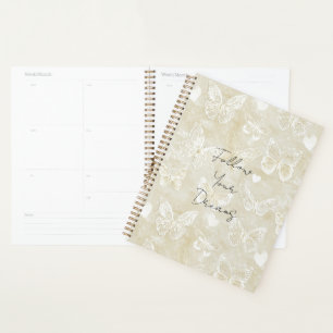 Romantic Cream White Hearts Butterflies Planner