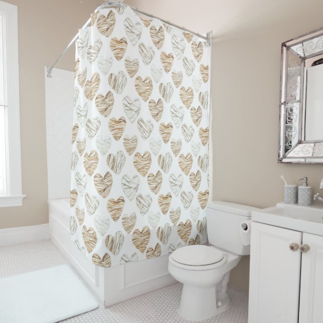 Romantic Cream White Hearts Shower Curtain (In Situ)