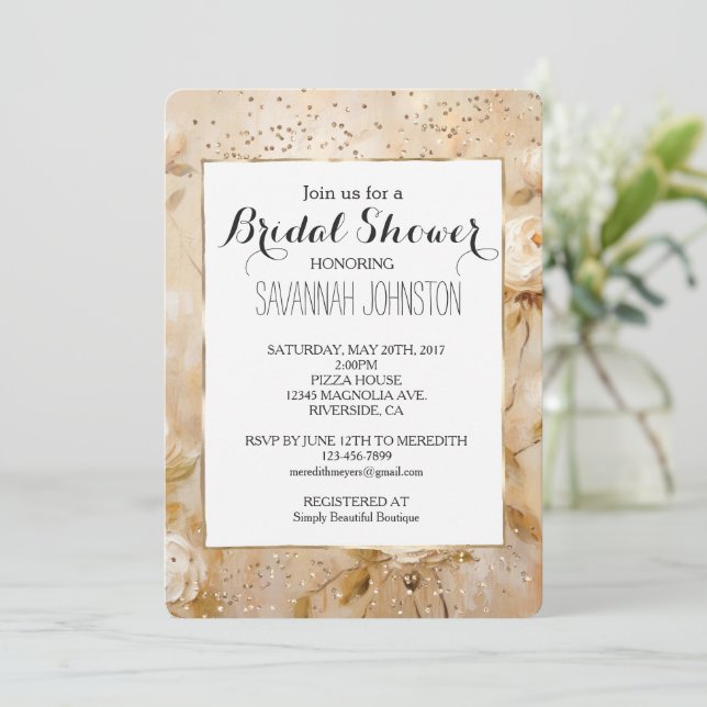 Romantic Cream White Roses Confetti bridal shower Invitation (Standing Front)