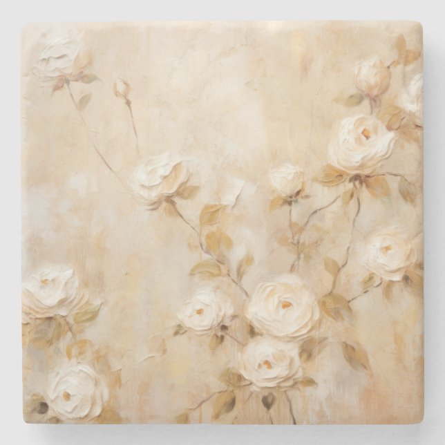 Romantic Cream White Roses  Stone Coaster (Front)