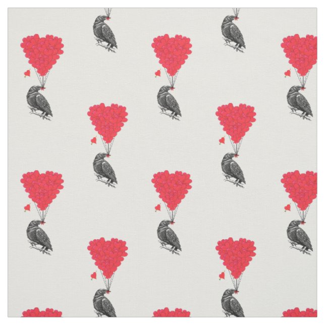 Romantic crow and red love heart fabric (Swatch)