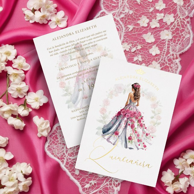 Romantic Crown Spanish Quinceañera Doll in  Pink  (Romantic Crown Spanish Quinceañera Doll in Pink Shades Metallic Foil Invitation.)
