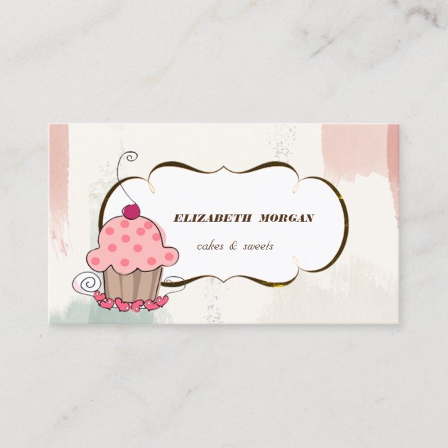 Romantic Cupcake Bakery ,Watercolor Brush Stroke Business Card (Front)